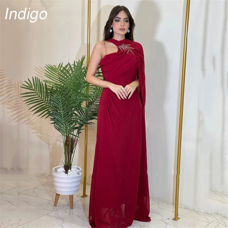 Платье для выпускного вечера цвета индиго, кружевное шифоновое платье с О-образным вырезом и одним открытым плечом, элегантное вечернее платье до пола для женщин