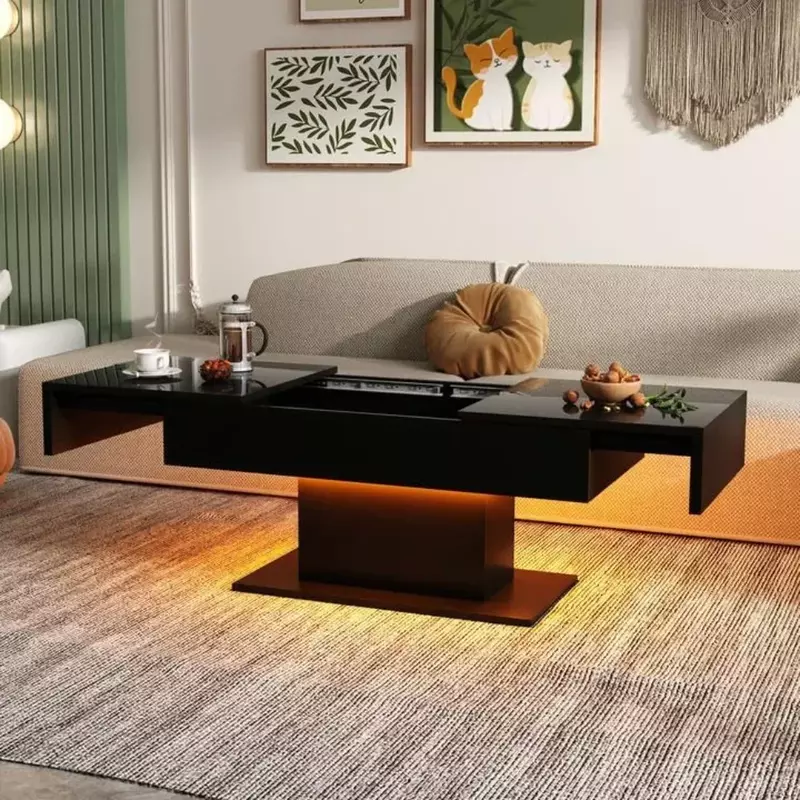 Meja kopi LED, atasan geser dengan penyimpanan, gaya Modern, meja kopi dapat ditarik