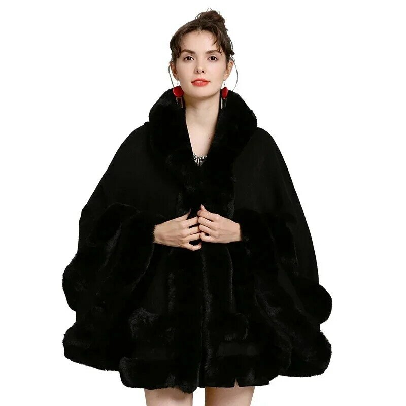 Poncho feminino de pele falsa de duas camadas com chapéu, casaco grosso quente, capa, pêndulo grande, cardigã de rabo de pombal, xale de inverno