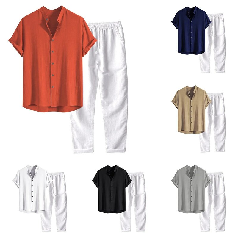 Рубашка и брюки в стиле Харадзюку для мужчин, Повседневная блуза с коротким рукавом и воротником-стойкой, уличная одежда, топы и брюки, на лето