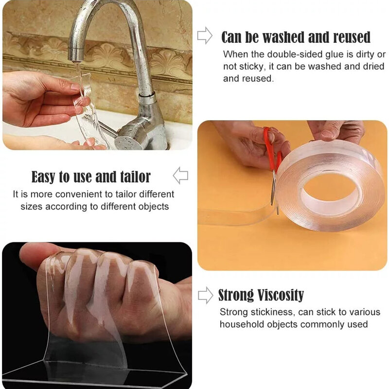 Nano cinta adhesiva de doble cara para cocina y baño, cinta adhesiva transparente extraíble, lavable, sin marcas, reutilizable