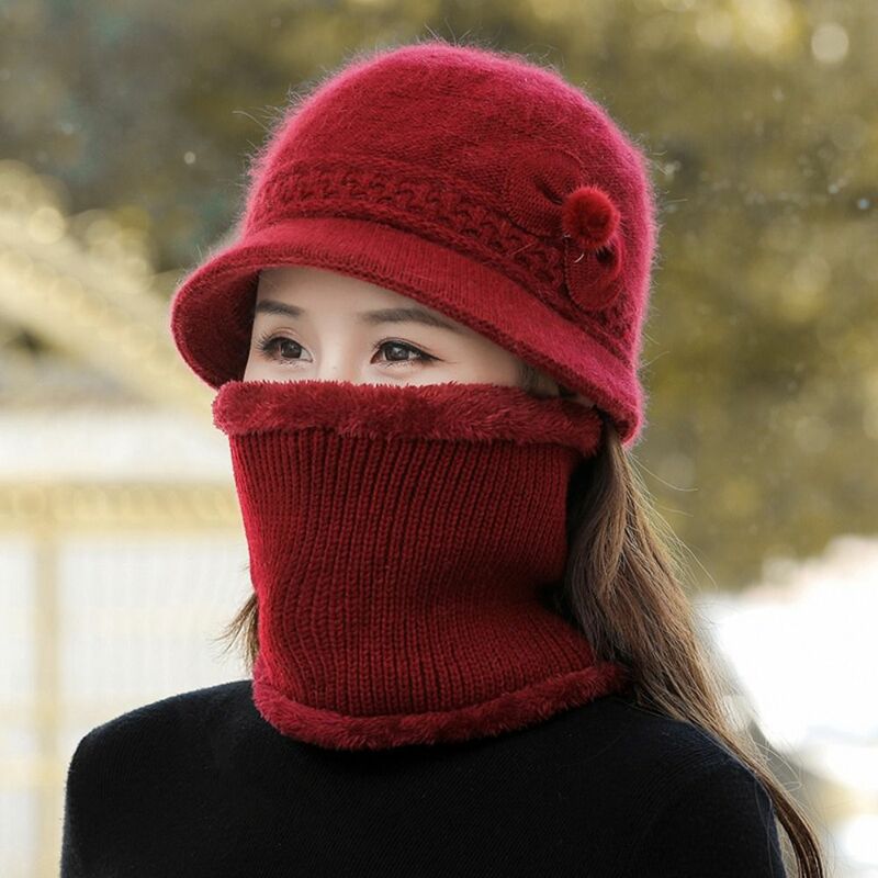 Rabbit Fur Women Winter Hat Casual Add Fur Lined Knitted Hat & Scarf Set Windproof Thicken Warm Bucket Hat
