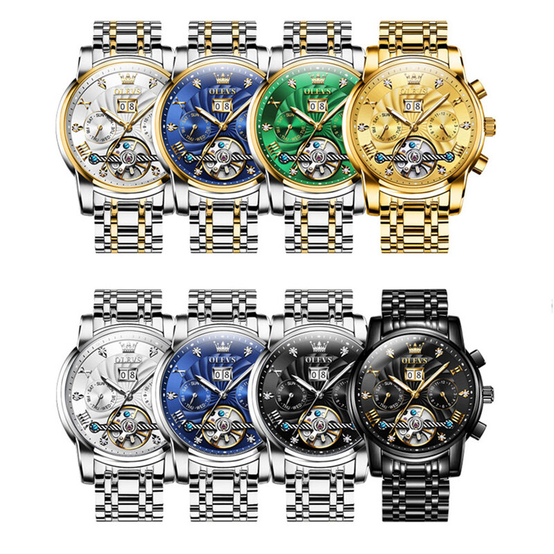 Olevs-完全自動機械式時計,防水,スケルトン,発光,中空アウト,男性用腕時計,高級ブランド