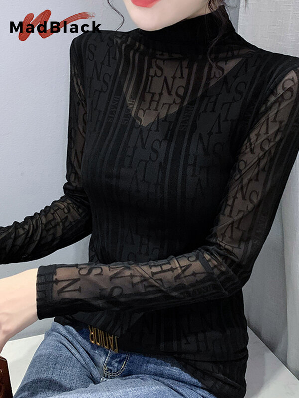 MadBlack New Spring Flocking T-Shirts Sexy Lace Splice Half High Neck Long Sleeve Mesh Tees Tops Autumn T31015X