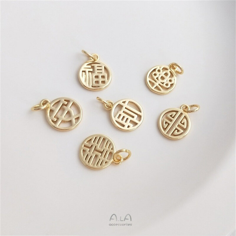 14K Gold-filled Fu Zi Round Fu Brand ciondolo fatto a mano braccialetto fai da te ciondolo gioielli An Le Xi Cai piccolo ciondolo K181