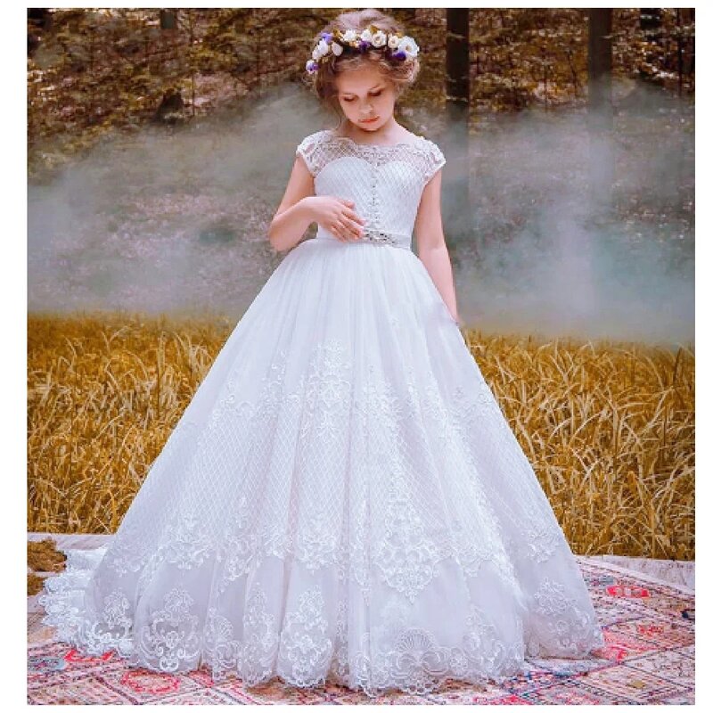 Urocza aplikacja z koronki dziewczęca sukienka w kwiaty bez rękawów dziecięca sukienka na przyjęcie urodzinowe suknia balowa tiulowa księżniczka pierwsza komunia