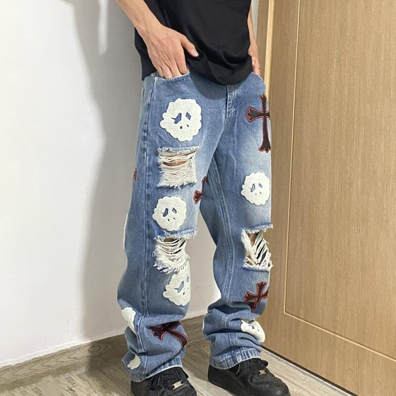Y2K American Hiphop Embroidery Cross Patch Three-dimensional Ripped Jeans Men's Tide Brand High Street Straight Loose Trouser