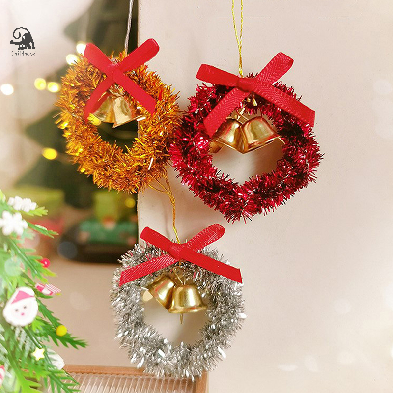 Christmas Wreath Mini House Hanging Ring Dollhouse Simulated Garland Cloth Toy Bow Miniature Small Bell Dollhouse Accessories