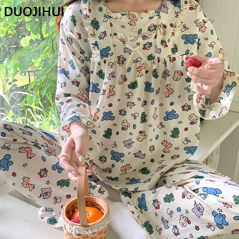 DUOJIHUI-2-Piece Conjunto de pijamas de impressão floral para mulheres, babados doces, arco chique, solto, 8 cores, moda feminina, outono, novo
