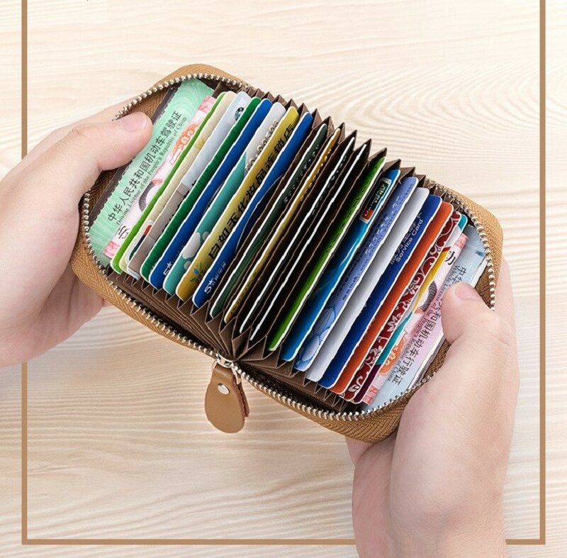 กระเป๋าใส่บัตรหนังแท้สำหรับผู้ชายช่องใส่บัตรมีซิปหลายช่องป้องกันการขจัดกระแสข้อมูลเป็น sampul kartu ใส่บัตรขนาดเล็กบางเฉียบ