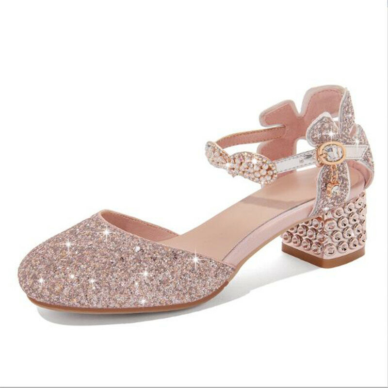 Sapatos de couro clássicos para meninas, sapatos de dança de festa glitter, salto alto princesa, sapatos de casamento para crianças, crianças 7-14 anos