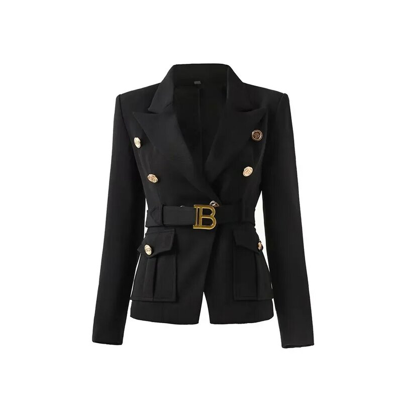 Elegante Lady Blazer com Cinto Bolsos para Mulher, Lady, Deslumbrante, Cor Brilhante, Elegante Euro-Americano, High Street, Novo, 2022