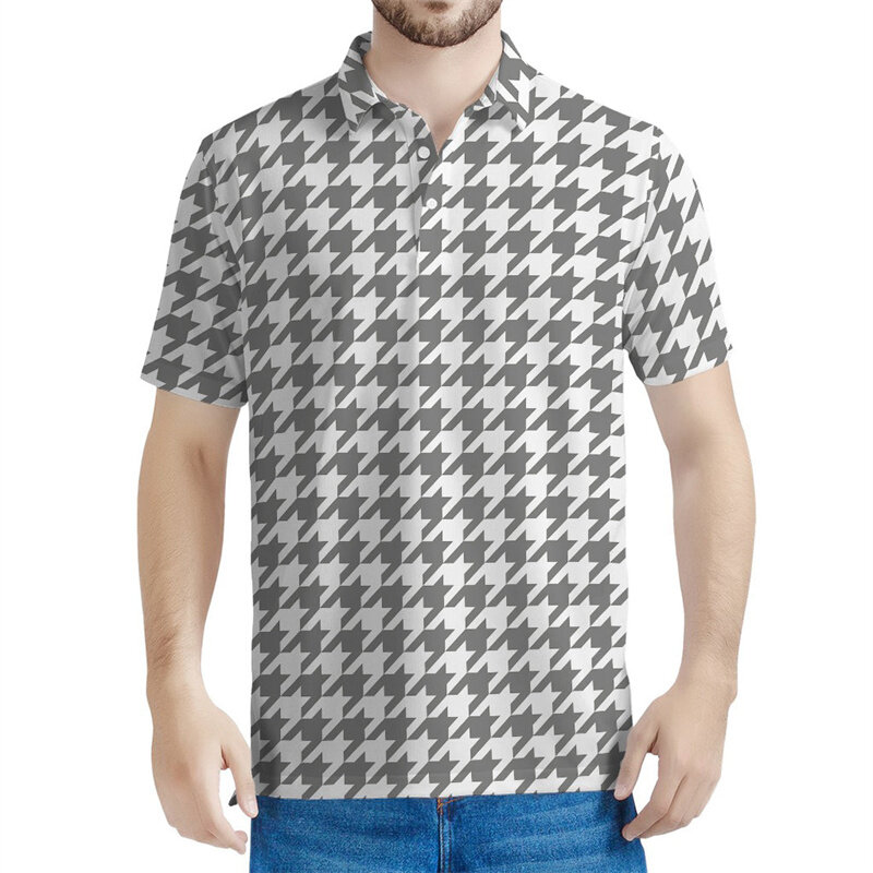 남성용 클래식 하운드투스 패턴 폴로 셔츠, 3D 프린트 라펠 티셔츠, 스트리트 반팔 상의, 오버사이즈 단추 티, 여름