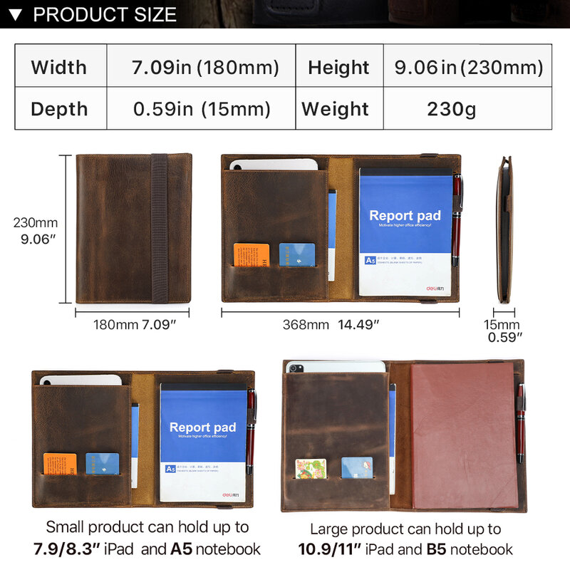 Portefeuille vintage en cuir de cheval pour iPad Mini, étui A5, livre, dossier de fichiers de voyage, fournitures de papeterie scolaire et de bureau