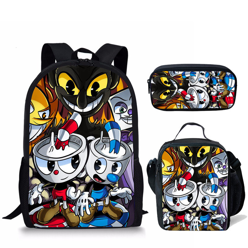 Popular Youthful Cuphead Pattern 3D Print 3pcs/Set Student Travel bags Laptop Daypack Backpack Lunch Bag Pencil Case