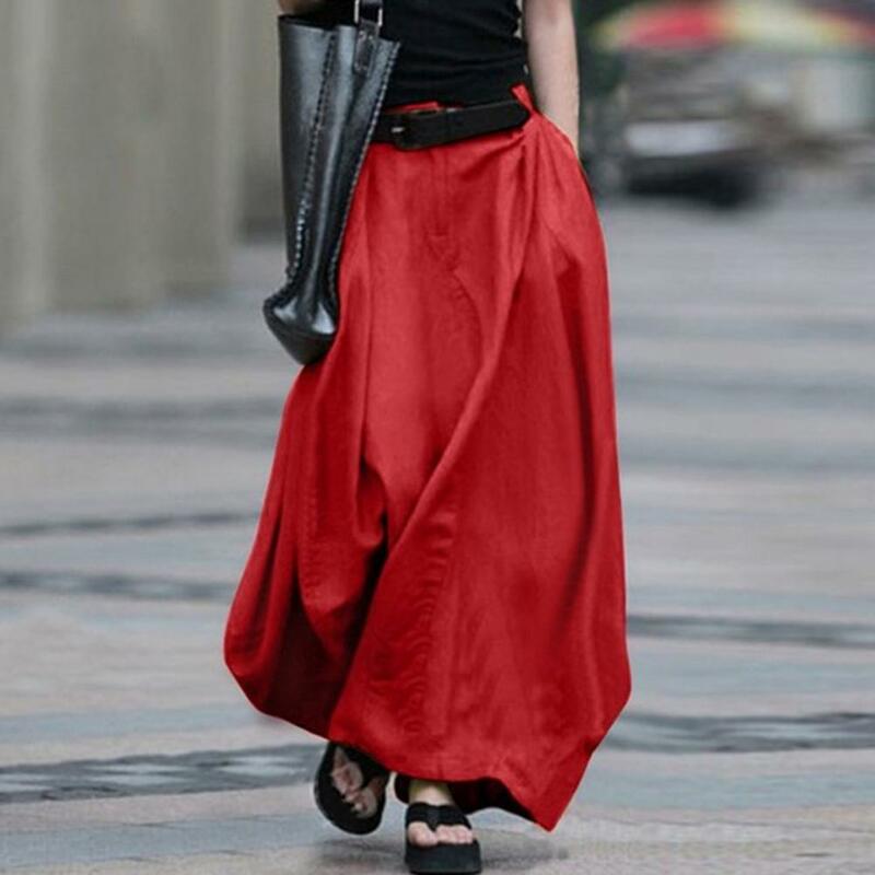 Rok Maxi wanita warna polos, rok Maxi A-line elegan modis elastis pinggang tinggi kancing ritsleting warna Solid untuk dipakai