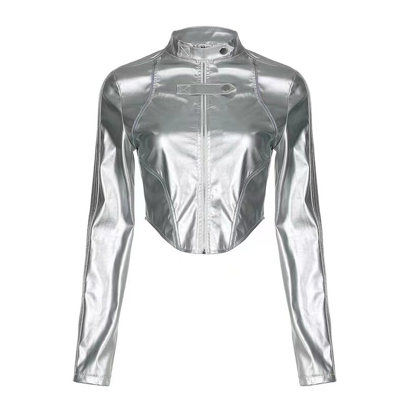 Giacche in pelle donna argento Bomber Coat Streetwear Y2K PU Moto Racing capispalla moda Crop Top primavera donna giacche