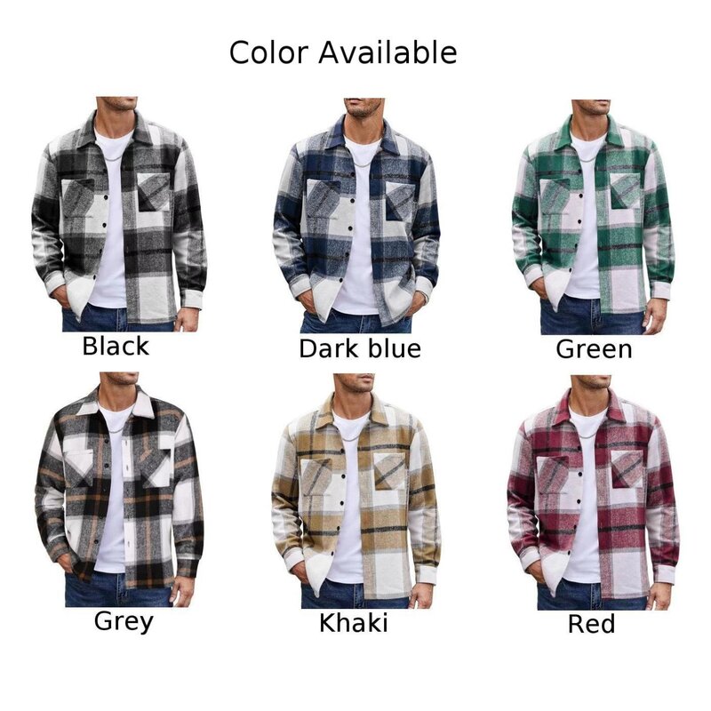 Camisa xadrez de manga comprida masculina, camisas espessadas quentes, elegante lapela tops, ampla seleção de cores, ficar elegante, tamanho M, 4XL
