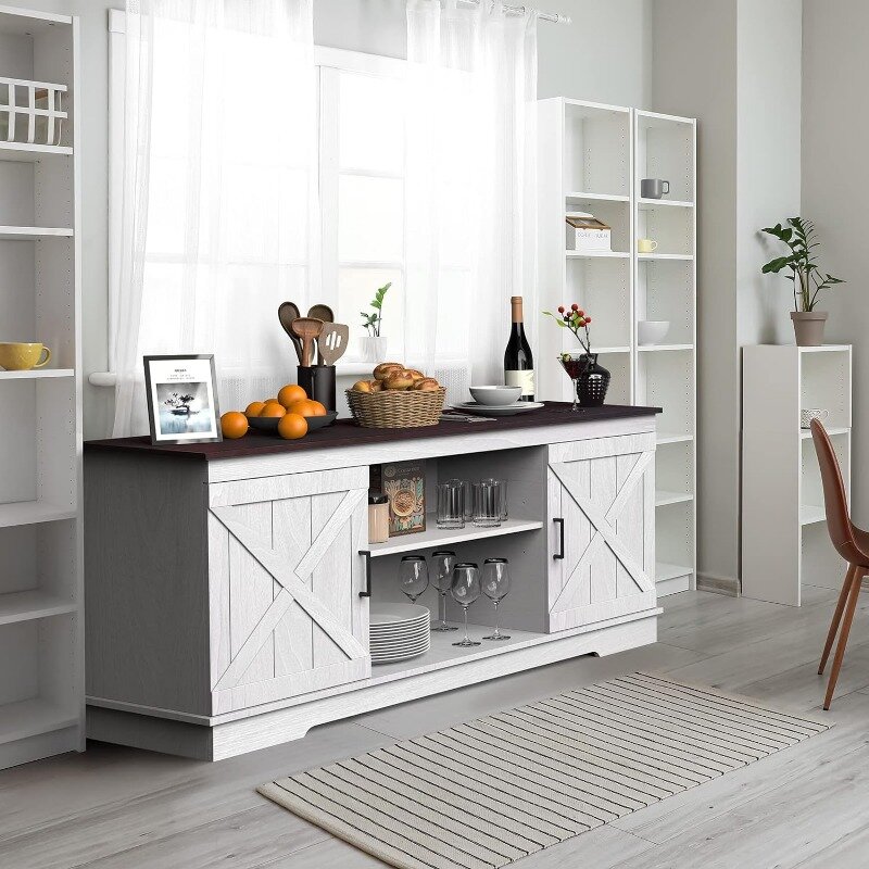 Farmhouse Sideboard Storage Cabinet with Barn Door, Buffet Cabinet, Coffee Bar Cabinet with Capacity 300 lbs Capacity