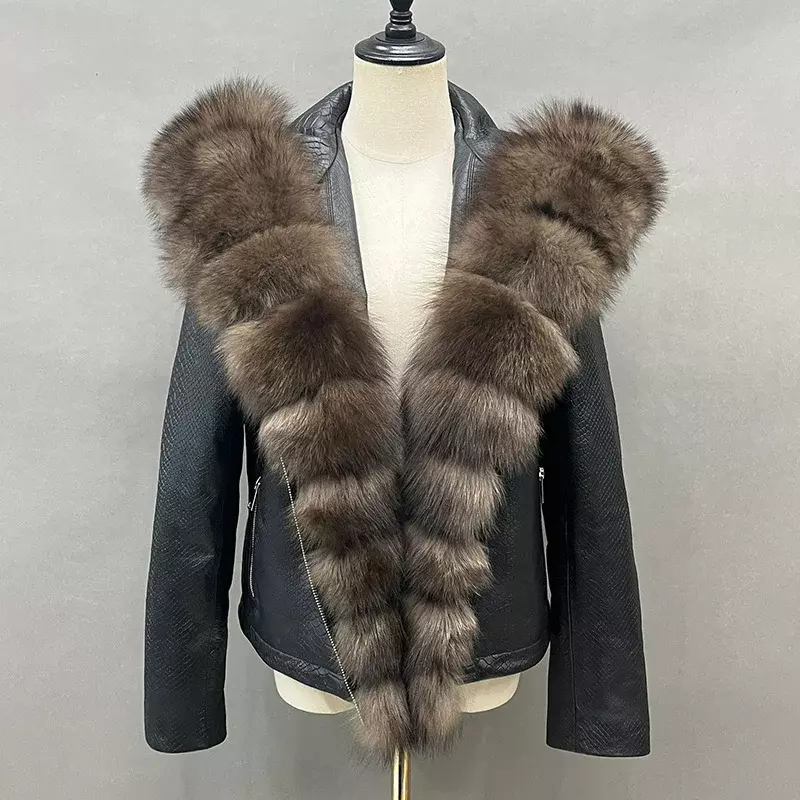 Jaket kulit domba lengan panjang untuk wanita, jaket kulit alami kerah bulu rubah musim gugur musim dingin mewah 2023
