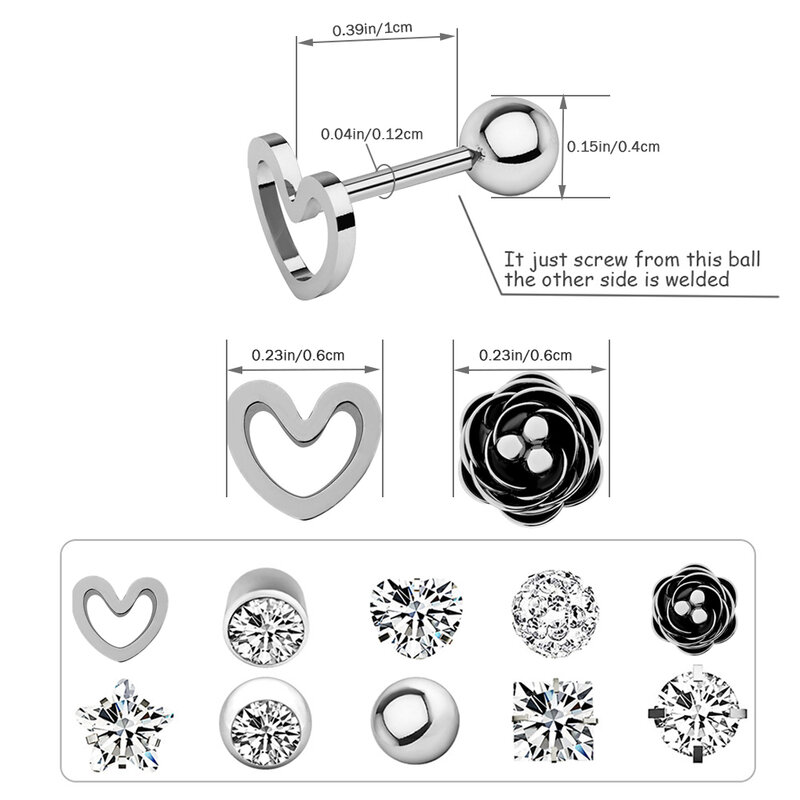 10 Pairs Body Piercing Jewelry Set Stainless Steel Nose Studs Earring Lip Ring for Women  Steel Color
