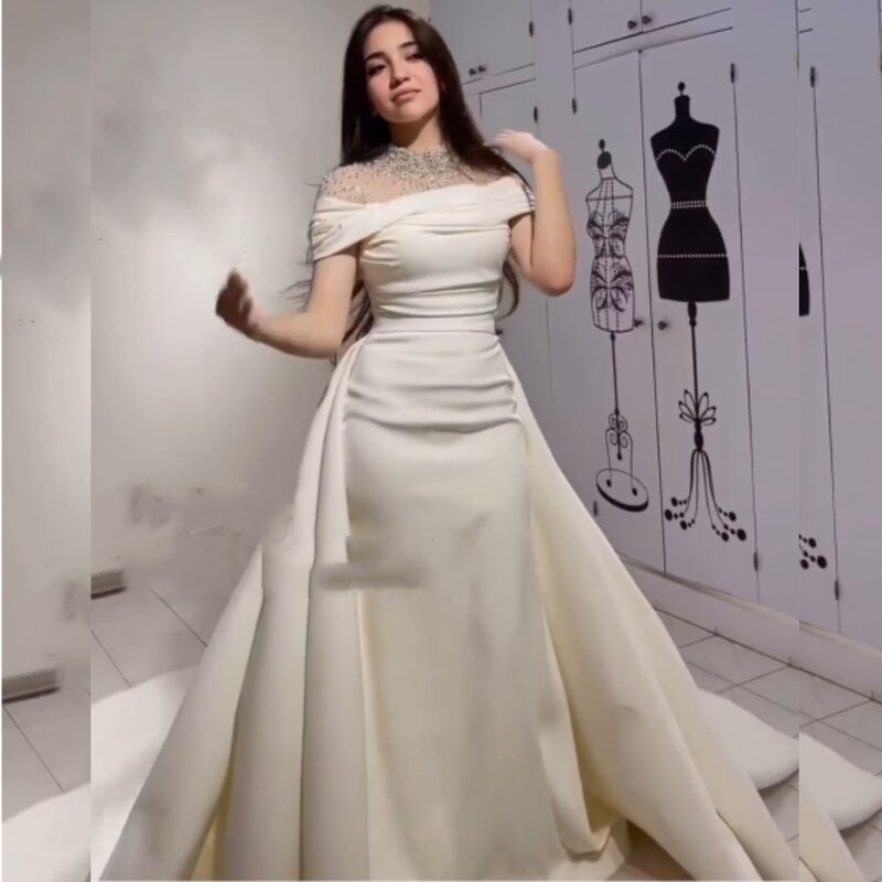 Gaun Prom Jersey malam pesta kelap-kelip manik-manik A-line leher-o gaun acara Bespoke gaun panjang es Saudi Arabia