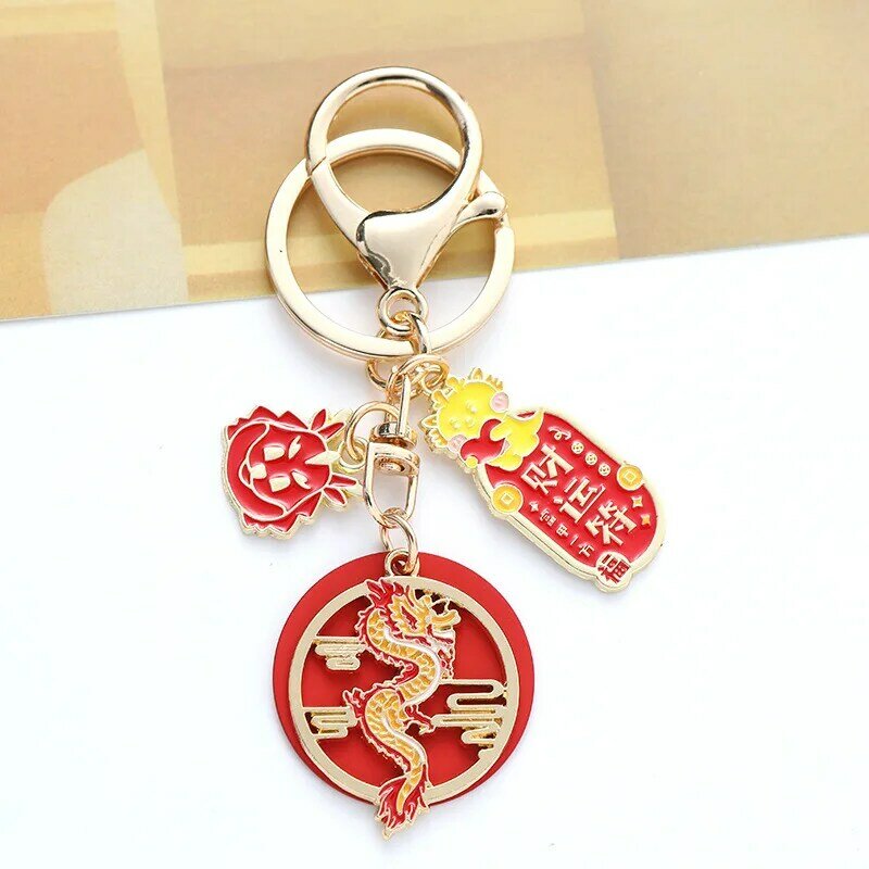 LLavero de dragón con colgante de personaje chino Fu, bolsa de bendiciones, mochila, llave de coche, accesorios de joyería, regalo de Año Nuevo, 2024