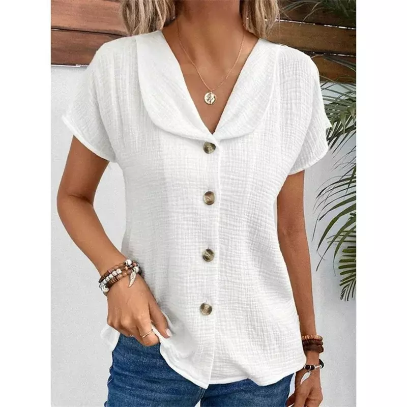 2024 Summer Baby Collar Single-breasted Cardigan Shirt Women Casual Short Sleeve Blouse Female New Sweet Style Solid Color Tops