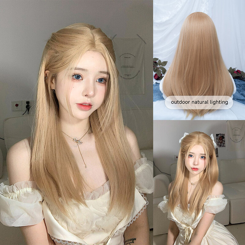 Wig sintetik warna pirang emas 24 inci rambut palsu lurus alami panjang bagian tengah untuk penggunaan sehari-hari wanita Cosplay tahan panas