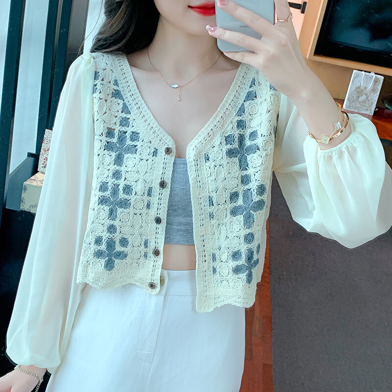 Женская винтажная жаккардовая блузка на пуговицах, повседневная Милая шифоновая блузка с прострочкой, 8010, 2