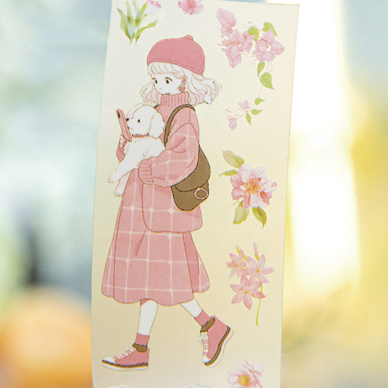 37.5mm*200cm Girl Holding Flower Series Kawaii Character PET Tape Creative DIY Journal Collage Decor Stationery