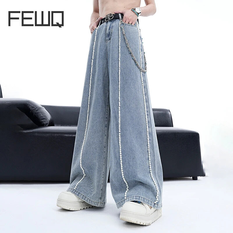 FEWQ-pantalones vaqueros de pierna ancha para hombre, Jeans holgados de estilo americano con perlas, diseño de nicho, tendencia de verano, 24x9098, 2024