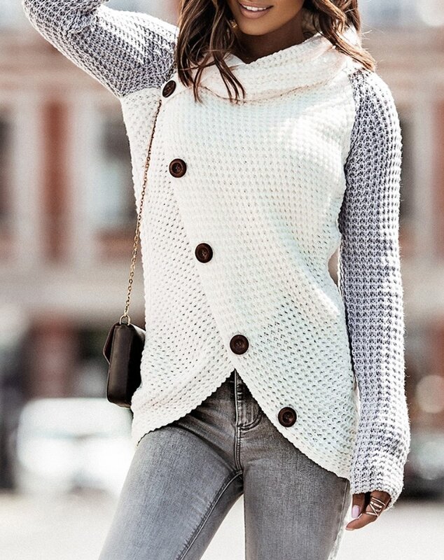 Jersey de punto de cuello alto para mujer, Jersey informal asimétrico con botones de bloque de color, ropa de invierno, novedad