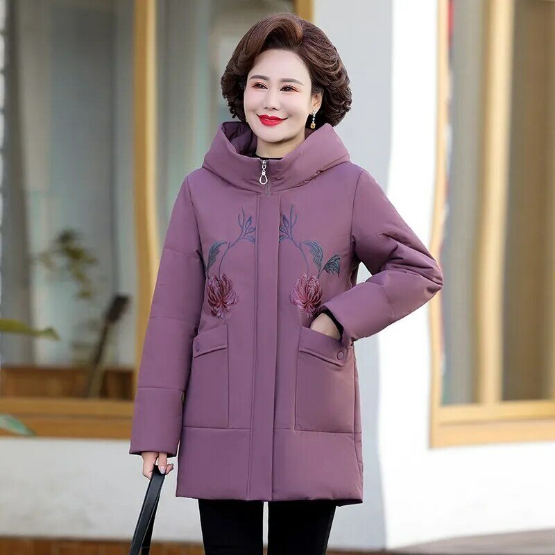 Middle-Aged Elderly Mother Clothing Plus Velvet Thicken Parkas Women  Oversized 8XL, 9XL Winter Cotton Coat embroidery Jackets