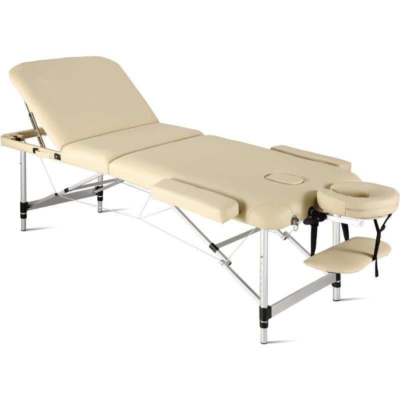 Mesa de massagem de alumínio dobrável profissional, cama ajustável em altura, 3 dobras, braços e saco de transporte, 28,7"