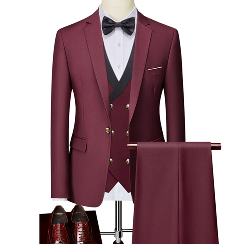 2023 Fashion New Men Casual Slim Gold Button tinta unita Business Wedding Suit 3 Pcs Set Dress blazer Jacket Pants Vest