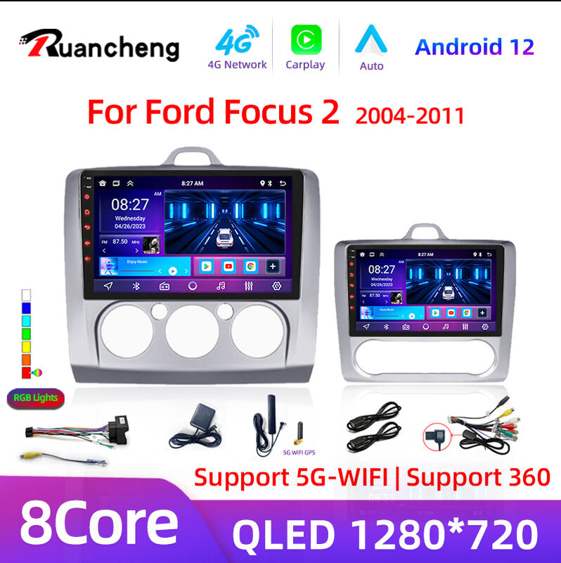 วิทยุติดรถยนต์ Android 12สำหรับ Ford Focus 2 3 Mk2 Mk3 2004เครื่องเล่นมัลติมีเดีย2005-2011นำทาง GPS 2Din คาร์เพลย์สเตอริโอ DVD