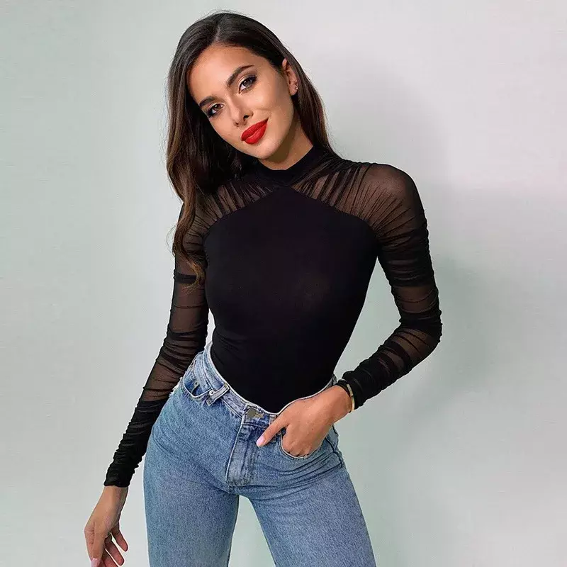 Women's sexy mesh patchwork long sleeved slim fitting one-piece dress for women