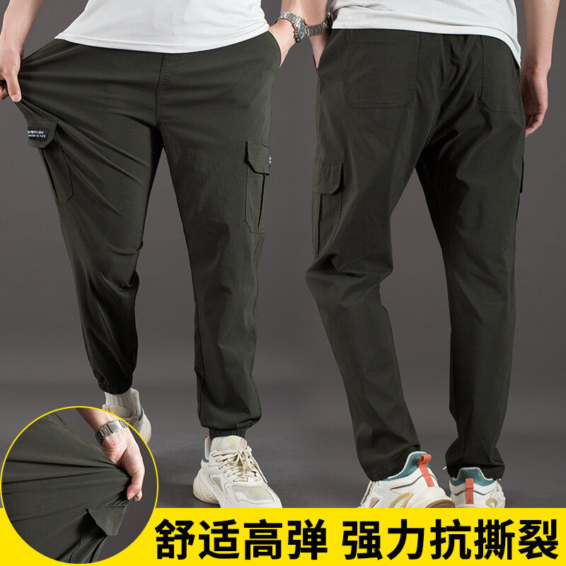 Celana kargo Super elastis pria, celana kargo banyak saku, celana Jogging pinggang elastis, celana hitam santai Streetwear