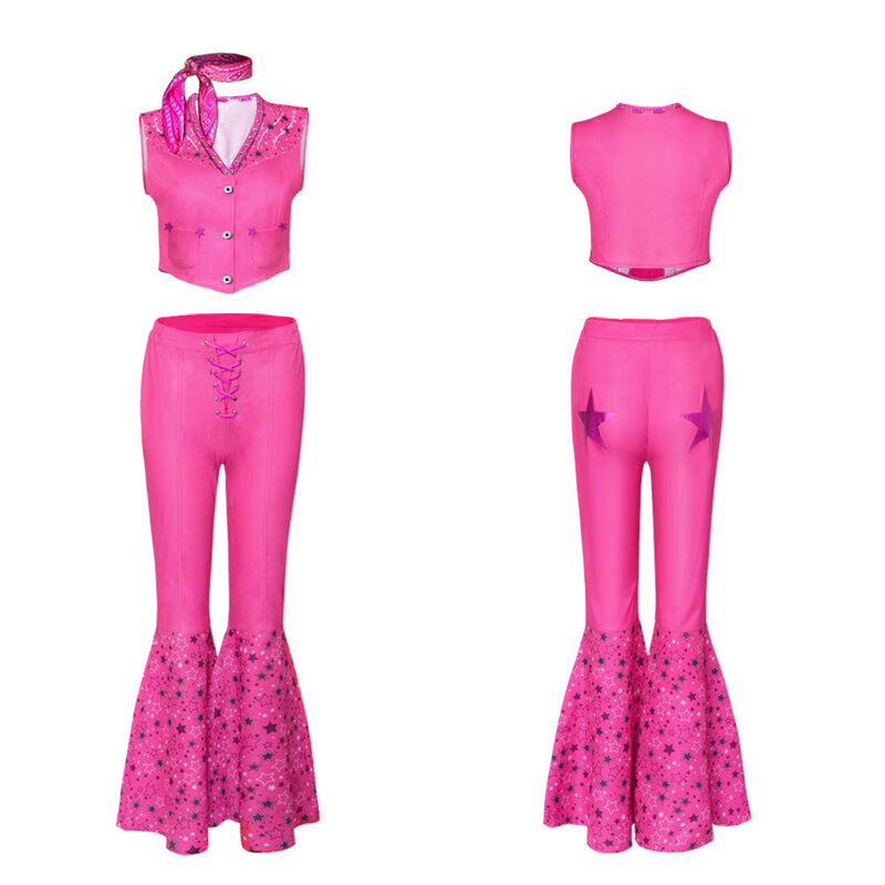 Margot Robbie Barbi Cosplay Kostüm Emma Mackey Gold Pailletten ärmellose Onesies Goldgrau lockige Perücke Vintage rosa Plaid Kleid Ken