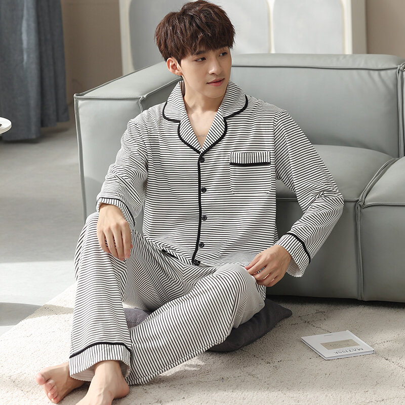 Full Pure Cotton Pijama for Men 2Piece Lounge Sleepwear Pyjamas Striped Autumn Bedgown Home Clothes Man PJs Cardigan Pajamas Set
