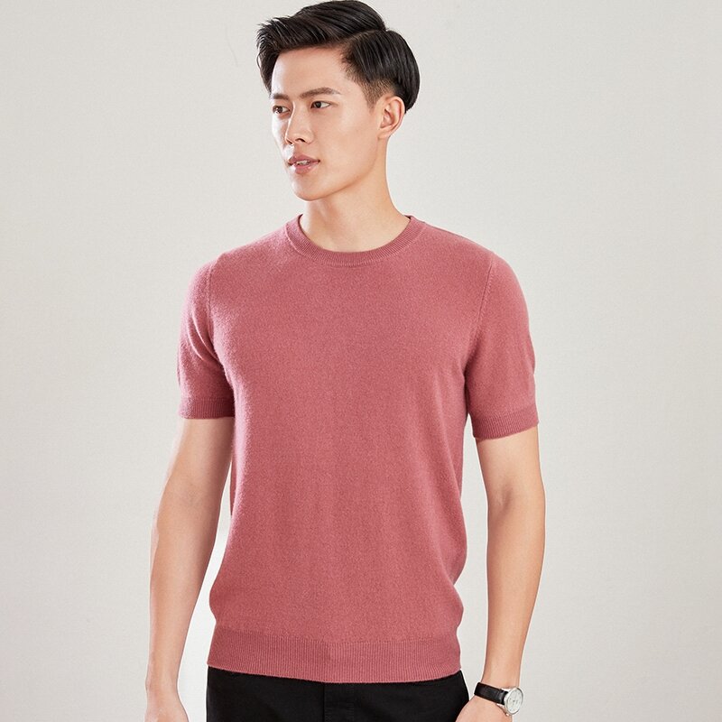 Men's Sweater Summer Short-Sleeved Round Neck Pullover Thin Section 100% Wool Bottoming Knitted Half-Sleeve Solid Color High-End