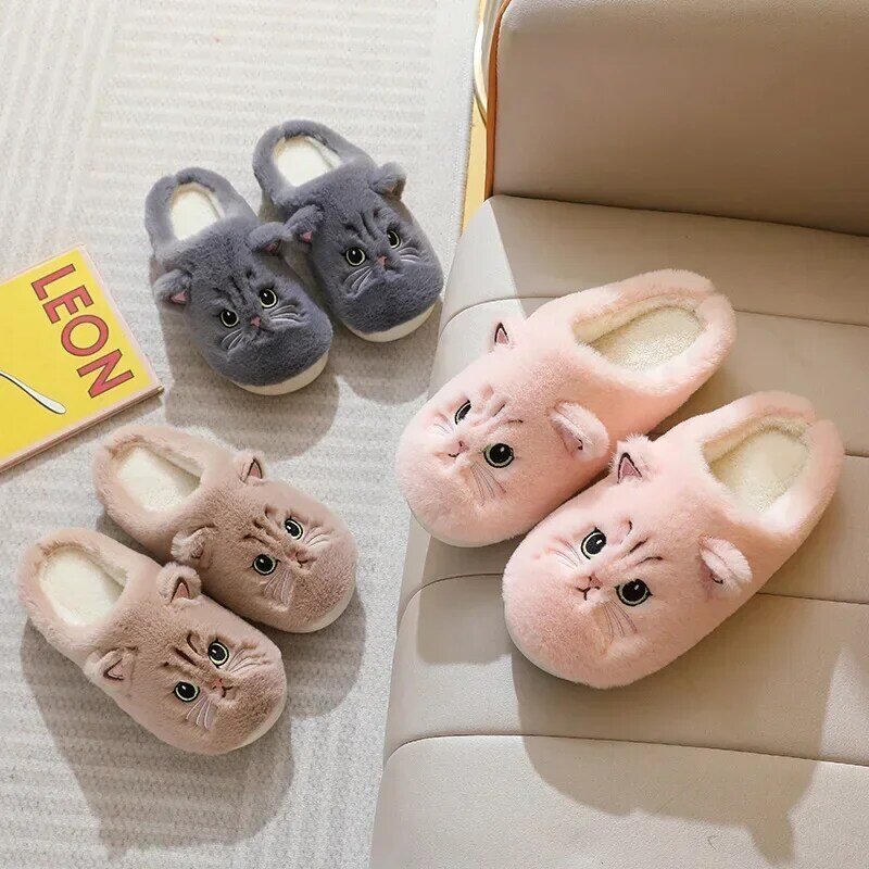 Cute Cat Slippers Fluffy Furry Women Home Platform Slippers Men Winter Plush Slides Indoor Fuzzy Slippers Lovely Cotton Shoes