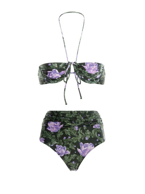 2024 Suspender Neck Bikini High Waist Backless Sexy Beachwear Flower Print Trendy Summer Swimsuit Women