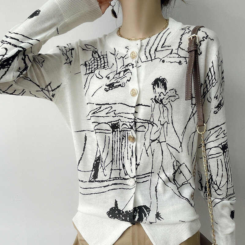 ฤดูใบไม้ผลิเสื้อสเวตเตอร์ถักผู้หญิงเกาหลีแฟชั่น2022ใหม่พิมพ์บางส่วนหลวมเสื้อถักเสื้อกันหนาวเสื้อ Western สไตล์