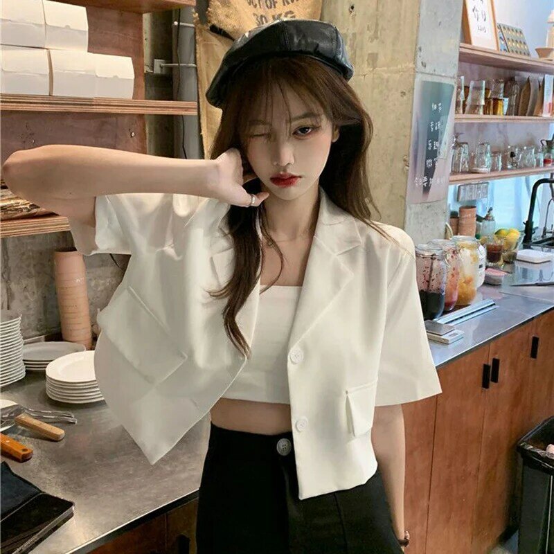 Korean Style Cropped Blazers Women 2023 Summer Thin Short Sleeves Suit Jacket Woman Solid Color Single-Breasted Outwear Coats