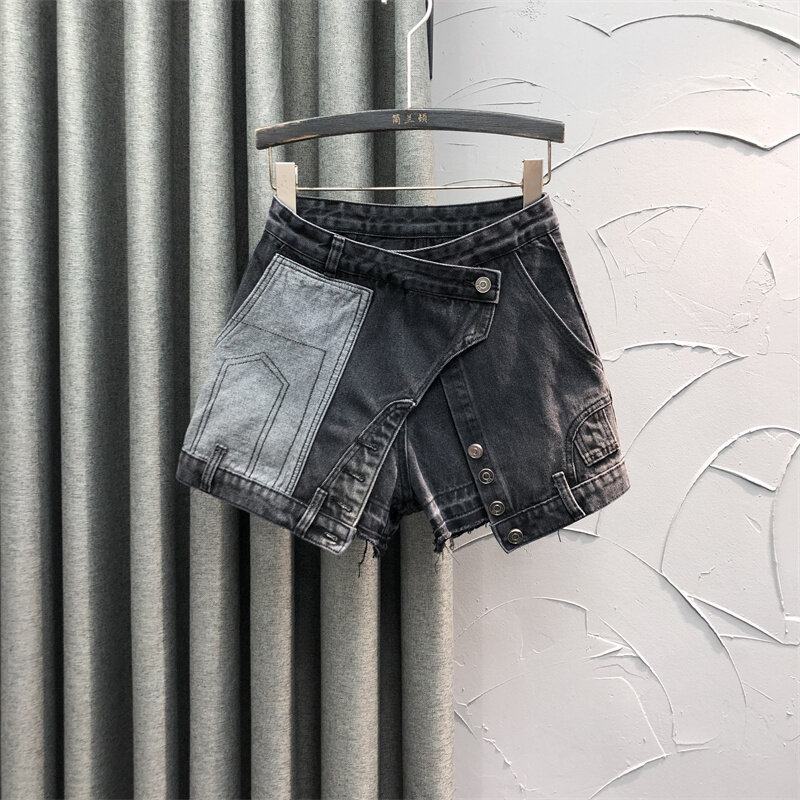 Shorts e saia jeans europeus de duas peças para mulheres, nova moda, bolso com patchwork, botão linha A, calças largas quentes, verão