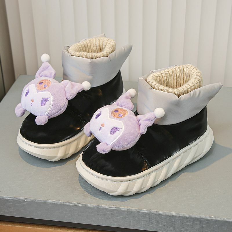 SANRIO Kuromi รองเท้าผ้าคอตตอนให้ความอบอุ่นสำหรับเด็ก, รองเท้าอะนิเมะฤดูใบไม้ร่วงฤดูหนาวรองเท้าลำลองพื้นหนาป้องกันความหนาวเย็นสำหรับเด็กผู้หญิง