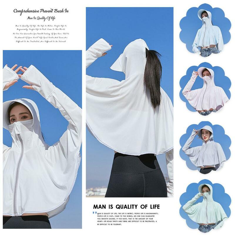 Damska odzież z filtrem przeciwsłonecznym letnia lodowy jedwab bluza z kapturem z dużym rondem jednolity, długi kolor UV oddychająca koszula ochronna z rękawami Clothi T4L0