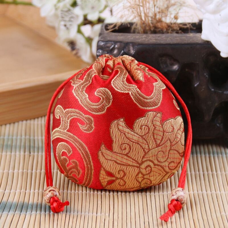 Tas serut bordir bunga bunga tas kemasan perhiasan manik-manik dompet koin kecil dompet Hanfu tas tangan gaya etnik